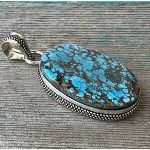 Pendant 2" Blue Flower Turquoise Oval Ornate Trim‎ 925 Sterling 14.7g